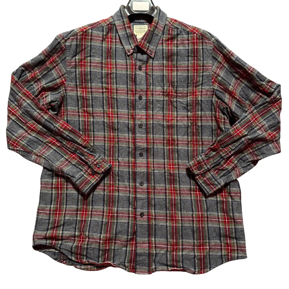 LL Bean Flannel Mens Large Traditional Fit Shirt Plaid Gray Red Button‎ Down